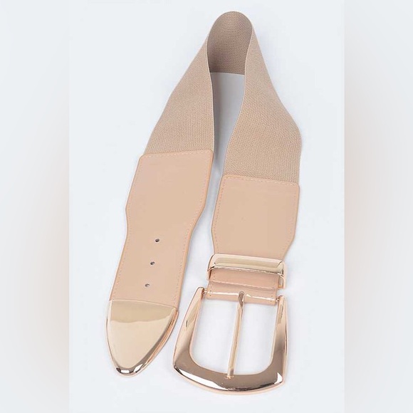 Plus Size Nude & Gold Metal Elastic Adjustable Statement Belt - Picture 6 of 7